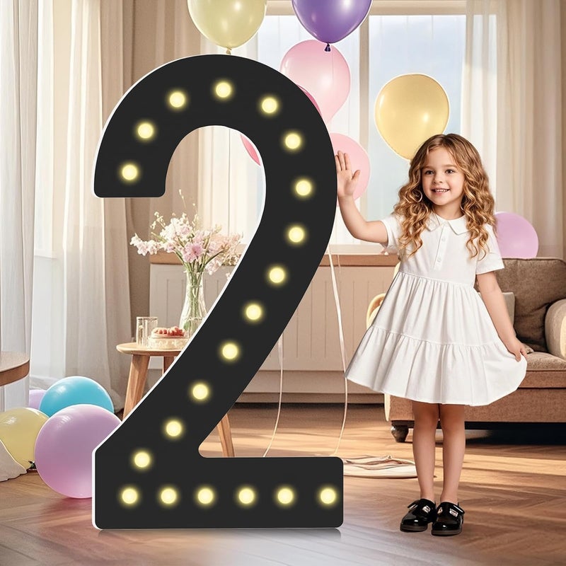 LOBOOM 4FT Light Up Numbers,Black Giant Marquee Number Big Mosaic Number 2,Pre-Cut Foam Board Set Can Be Used for Birthdays,Weddings,Baby Anniversaries - Image 1